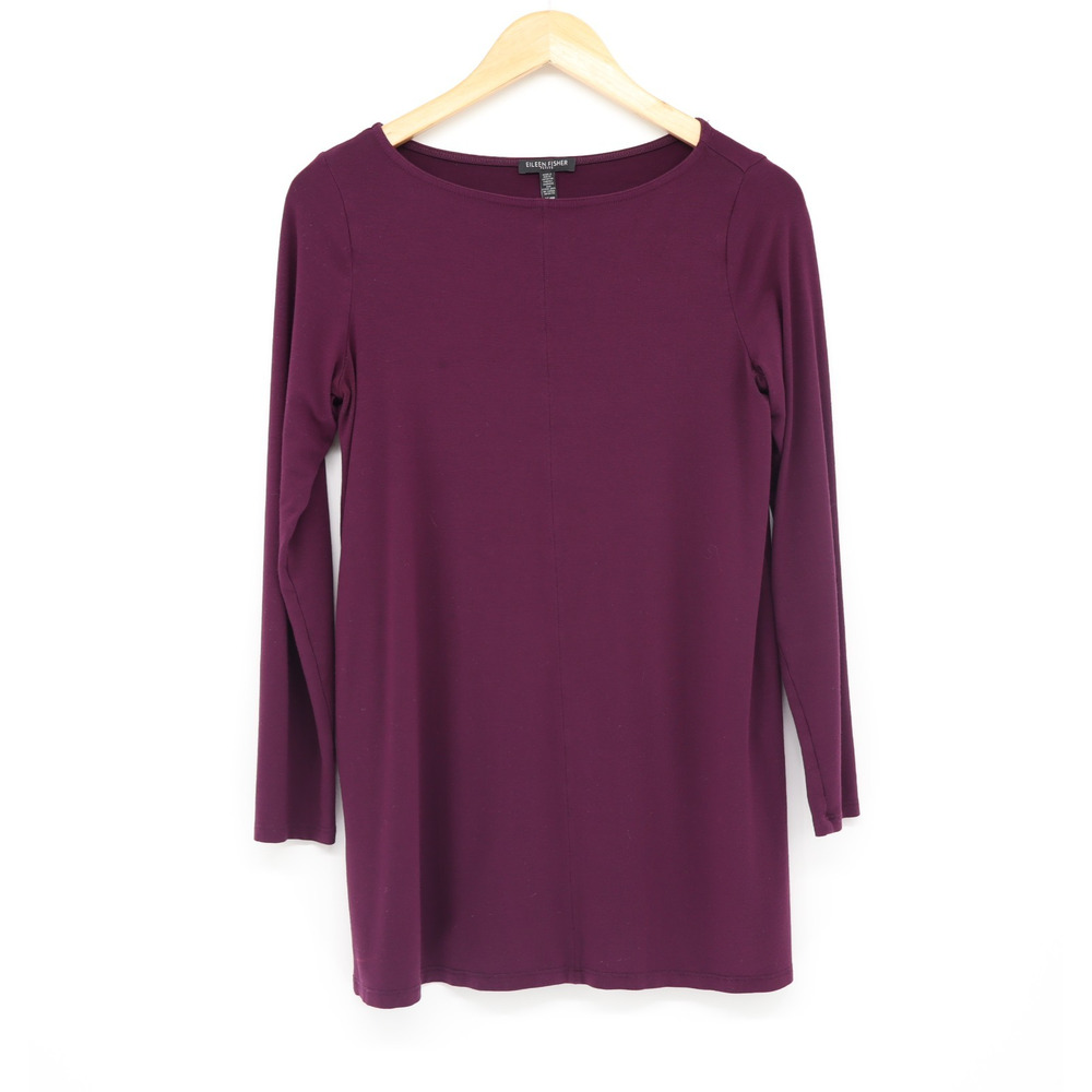Eileen Fisher Viscose Jersey Long Sleeve Tunic Top Plum Purple Minimalist Sz SP